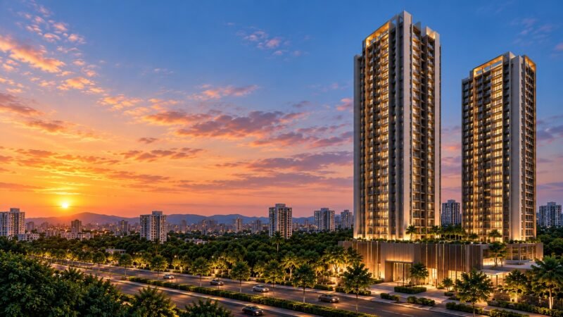 Arvind Goregaon West twin towers at sunset